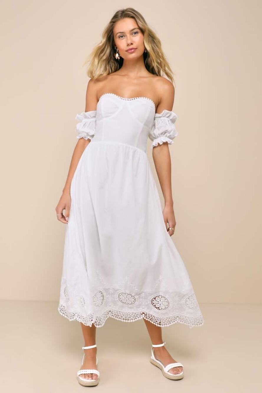 NWT Lulus Sweet Sunlover White Embroidered Off-the-Shoulder Midi Dress Summer M